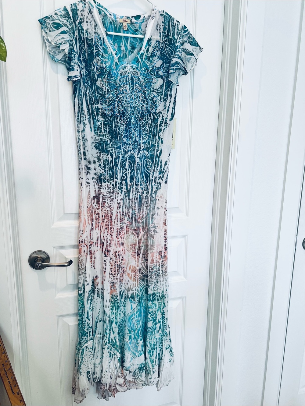 Vtg Y2K Reba Sheer Fairy Rhinestone Flutter Sleeve Midi Slip Dress SZ NWT Boho - Picture 2 of 9